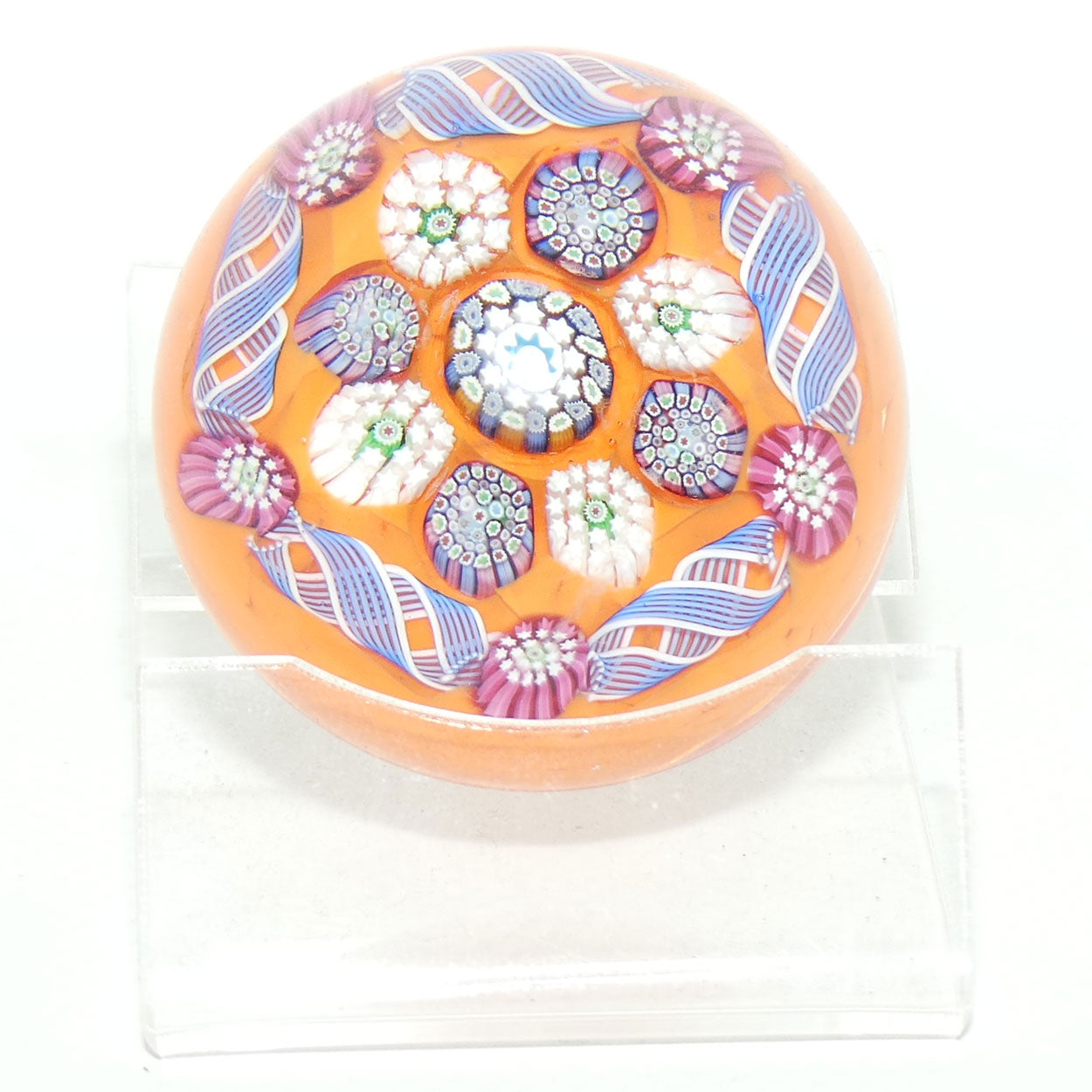 John Deacons Scotland Complex Latticino Garland miniature paperweight | Tangerine