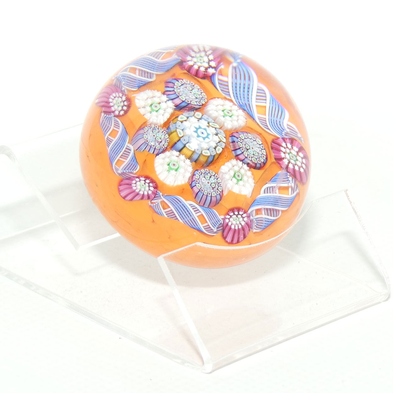 John Deacons Scotland Complex Latticino Garland miniature paperweight | Tangerine