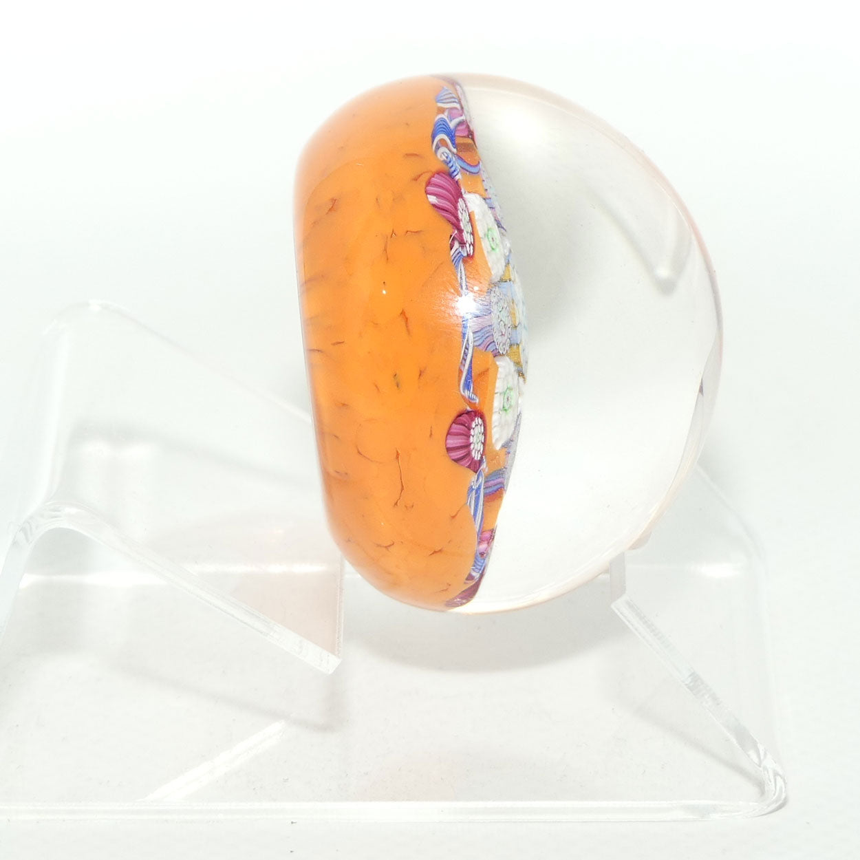 John Deacons Scotland Complex Latticino Garland miniature paperweight | Tangerine