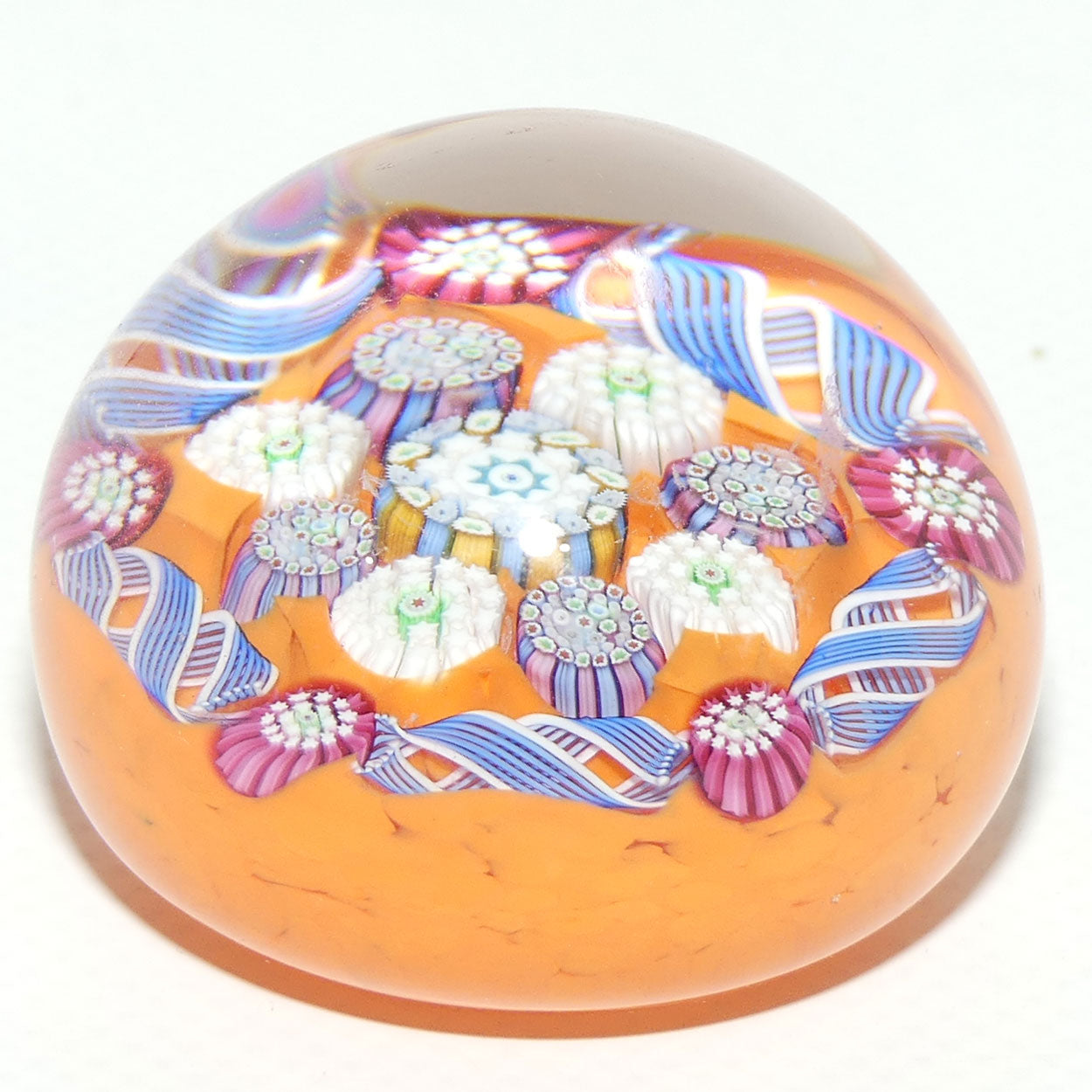 John Deacons Scotland Complex Latticino Garland miniature paperweight | Tangerine