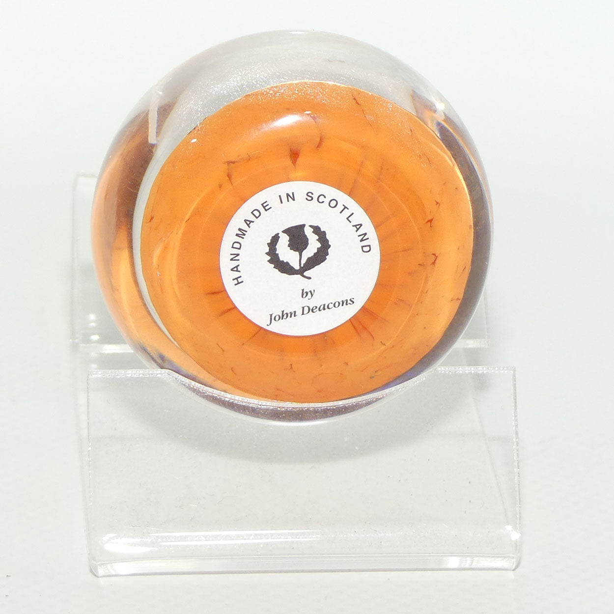 John Deacons Scotland Complex Latticino Garland miniature paperweight | Tangerine