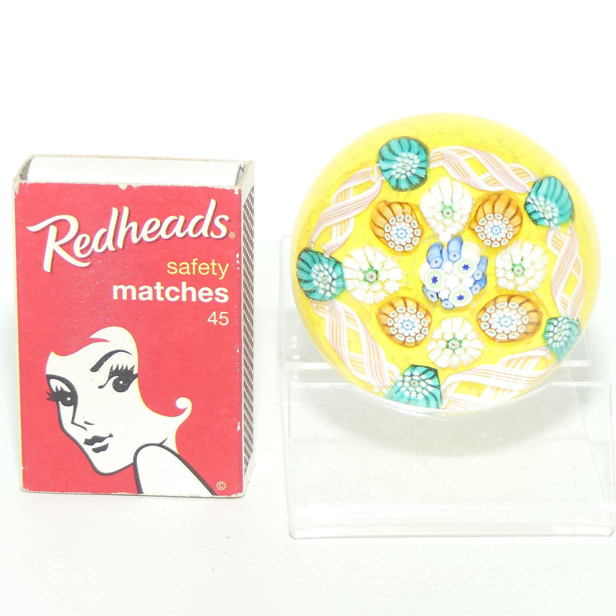 John Deacons Scotland Complex Latticino Garland miniature paperweight | Yellow