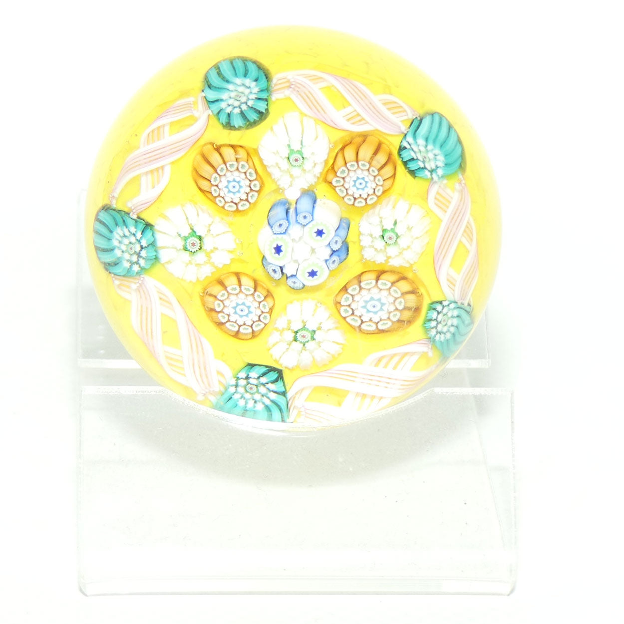 John Deacons Scotland Complex Latticino Garland miniature paperweight | Yellow
