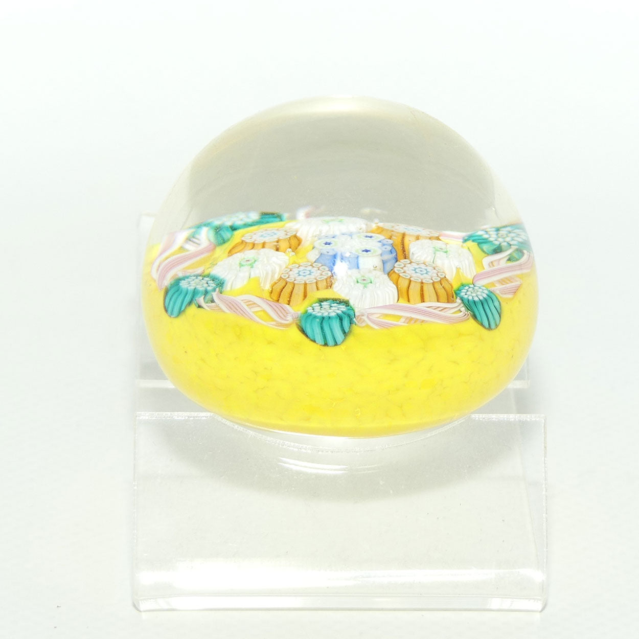 John Deacons Scotland Complex Latticino Garland miniature paperweight | Yellow