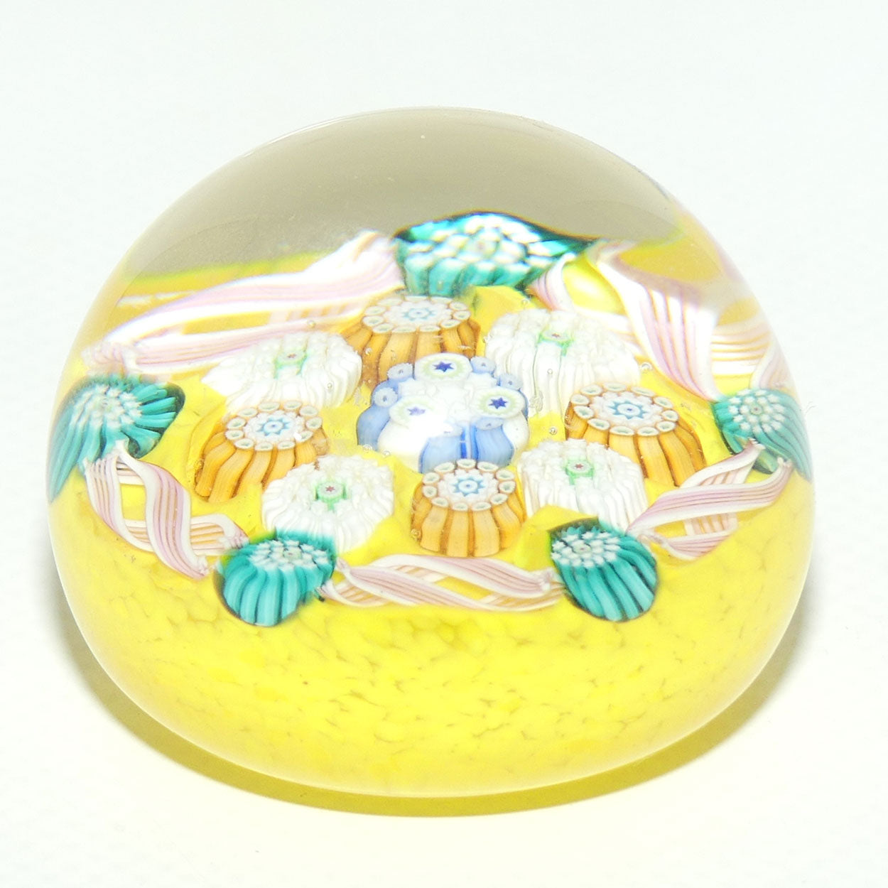 John Deacons Scotland Complex Latticino Garland miniature paperweight | Yellow