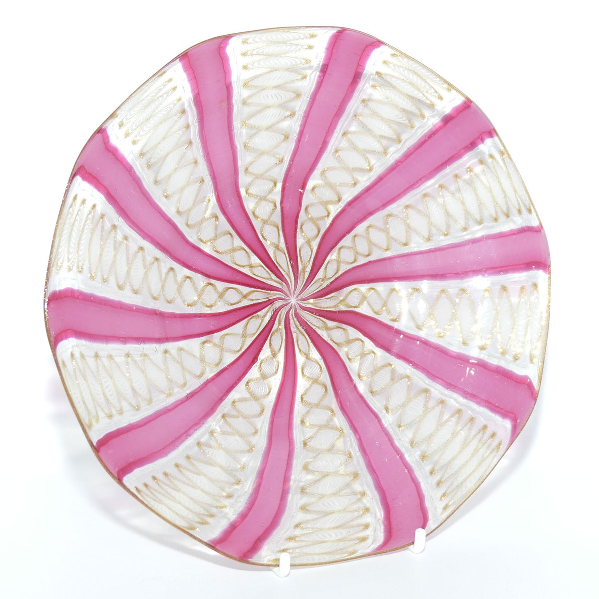 Superb Vintage Murano Venetian glass plate with Pink Spiral and Aventurine Twist Threads