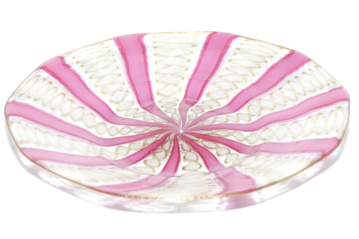 Superb Vintage Murano Venetian glass plate with Pink Spiral and Aventurine Twist Threads