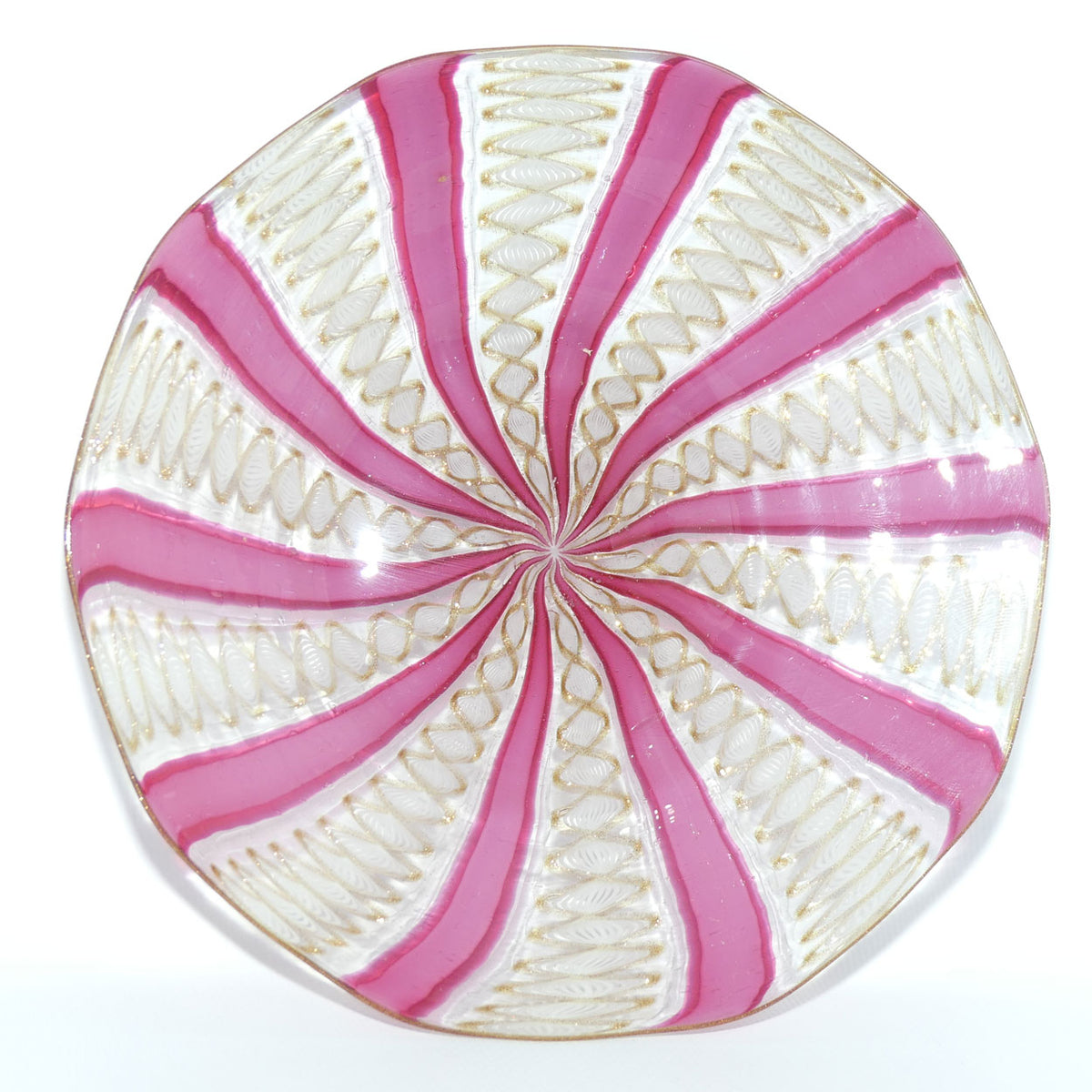 Superb Vintage Murano Venetian glass plate with Pink Spiral and Aventurine Twist Threads