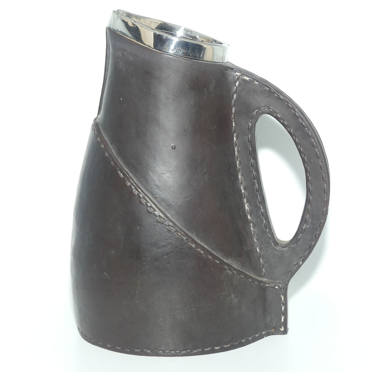 Doulton Lambeth England Leatherware jug with Sterling Silver rim