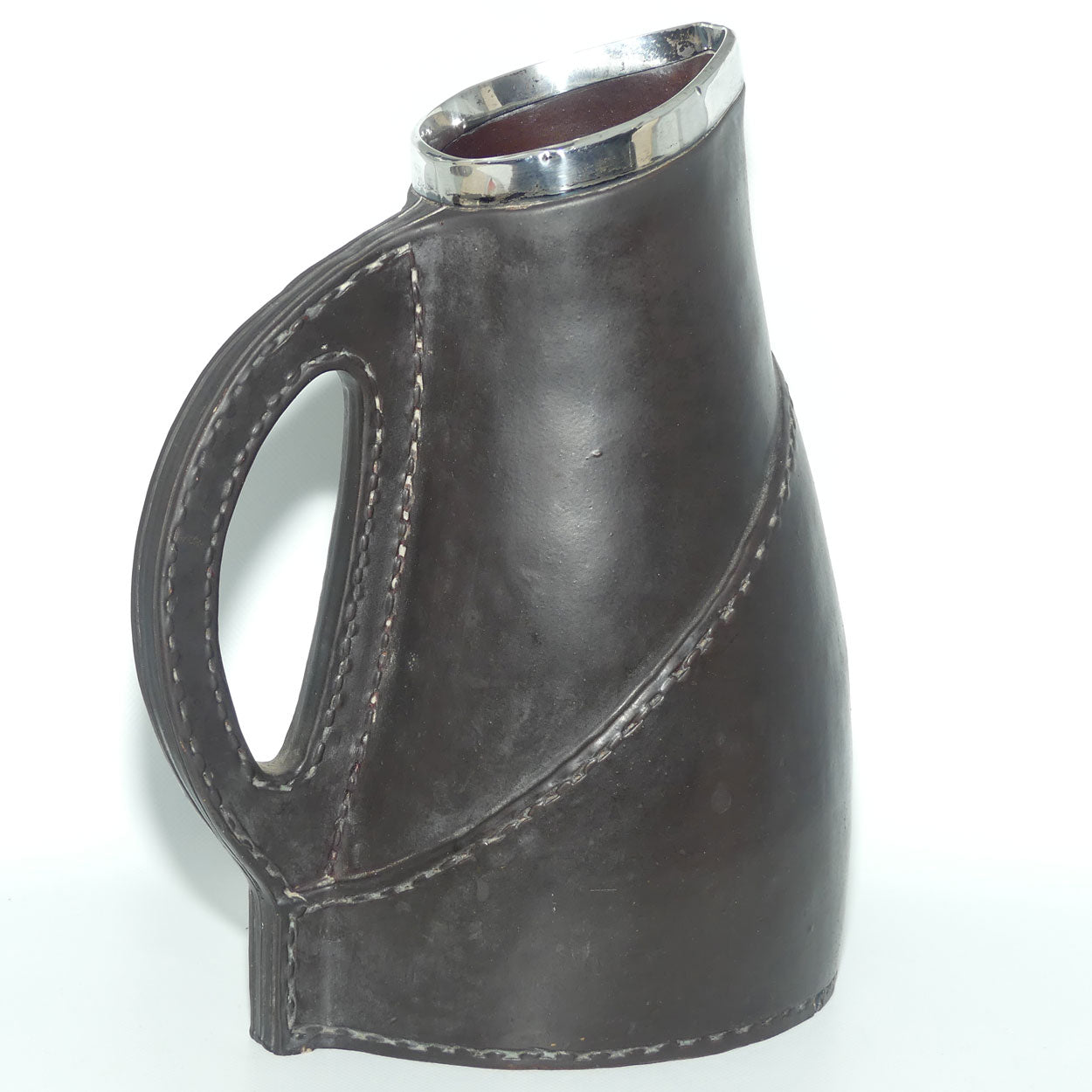 Doulton Lambeth England Leatherware jug with Sterling Silver rim