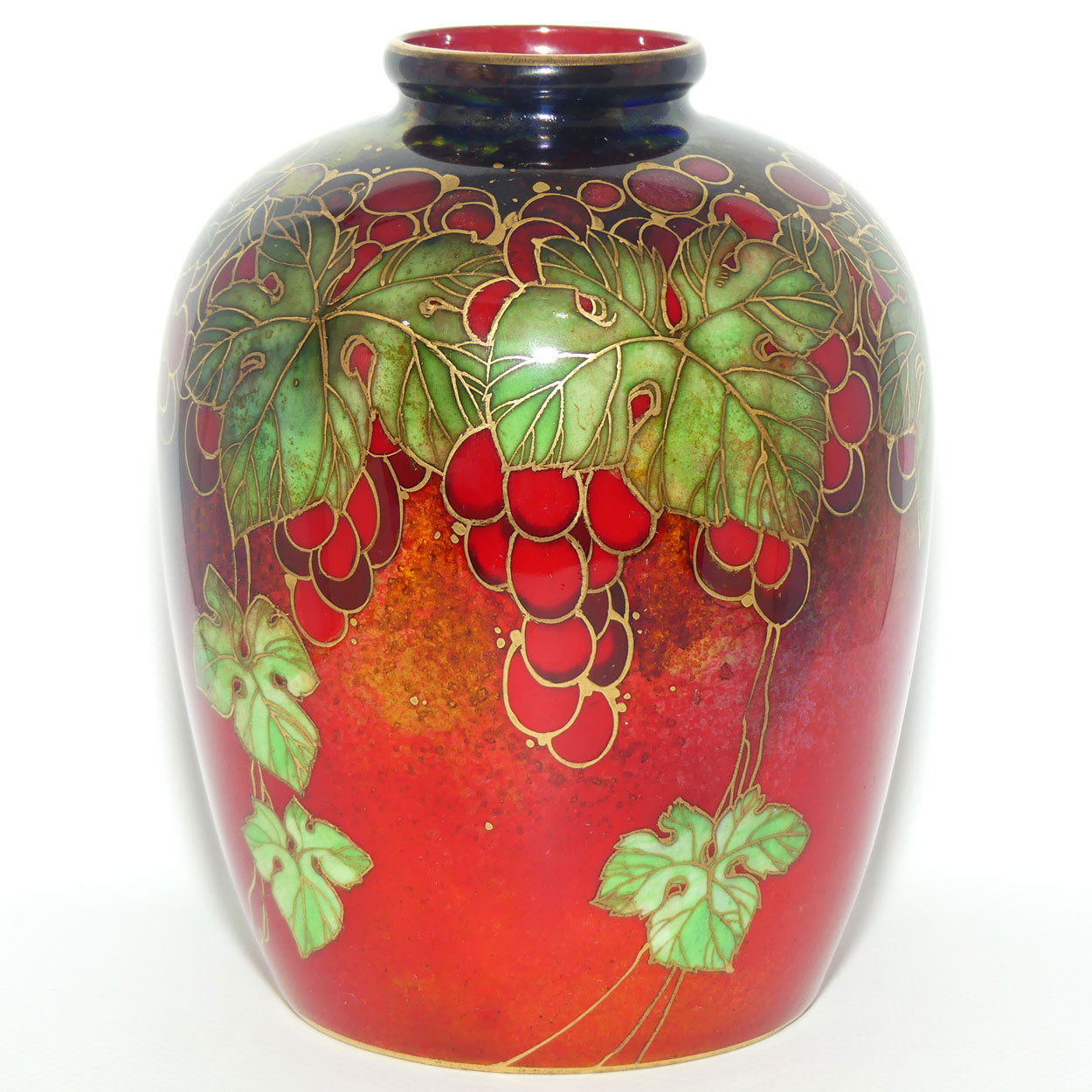 Royal Doulton Flambe Leaves and Grapes vase with gilt highlights | Harry Nixon