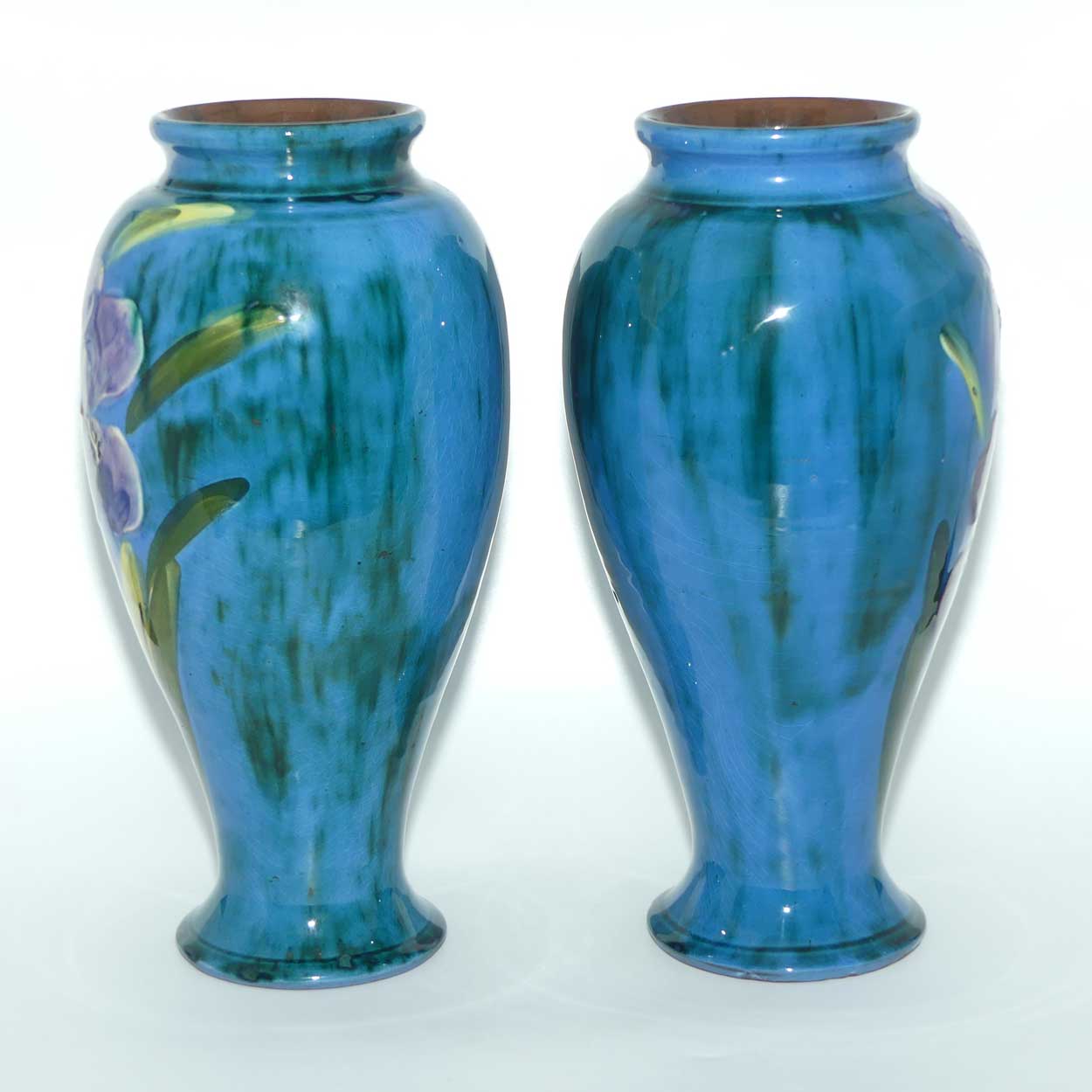 Lemon and Crute Torquay Faience Iris decor pair of mantle vases