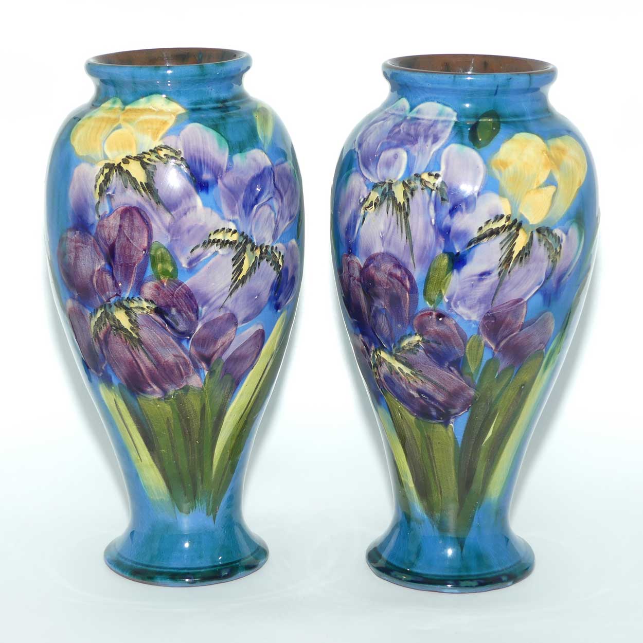 Lemon and Crute Torquay Faience Iris decor pair of mantle vases