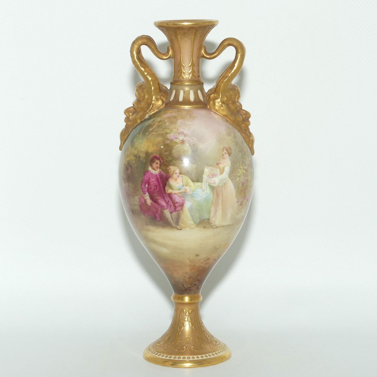 Royal Doulton hand painted and gilt jewelled Satyr twin handled vase | Two Maidens in the Garden | 