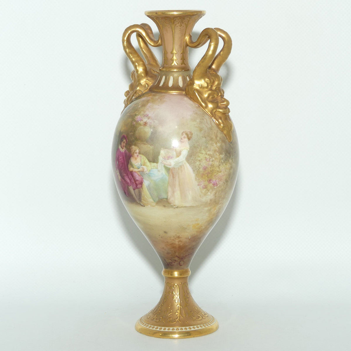 Royal Doulton hand painted and gilt jewelled Satyr twin handled vase | Two Maidens in the Garden | 