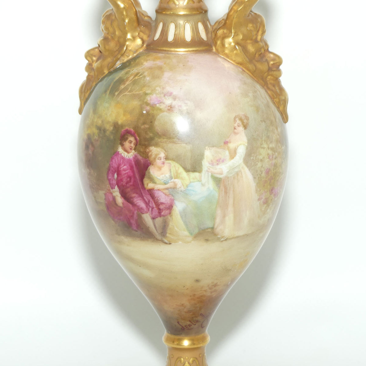 Royal Doulton hand painted and gilt jewelled Satyr twin handled vase | Two Maidens in the Garden | 