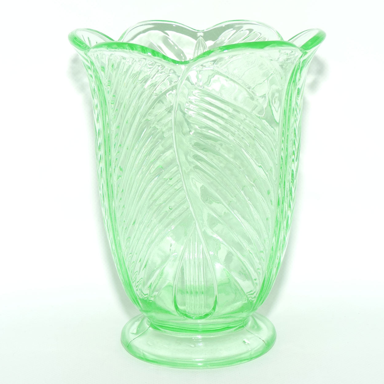 Bagley Glass UK Uranium Glass Tulip motif vase | 20cm tall