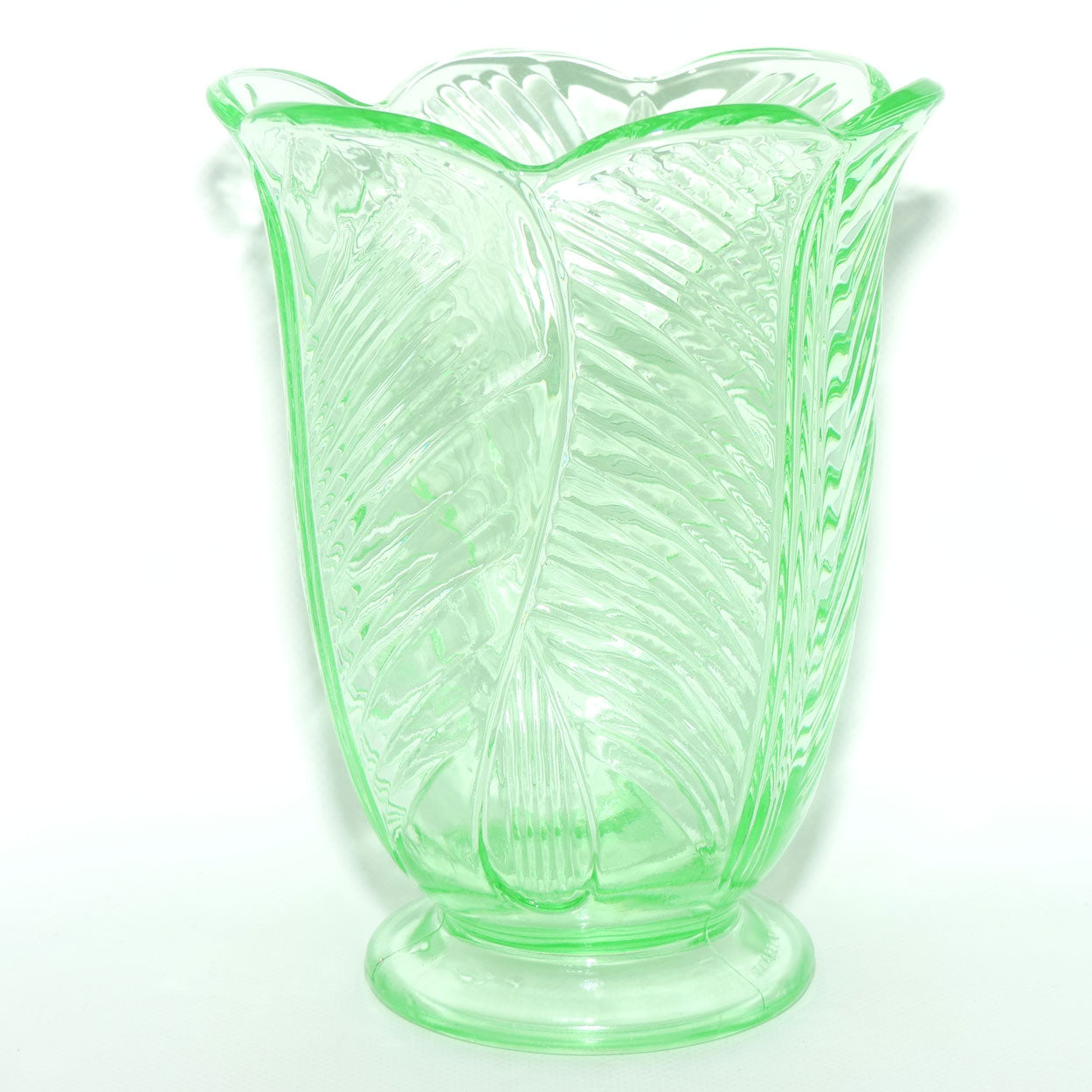 Bagley Glass UK Uranium Glass Tulip motif vase | 20cm tall