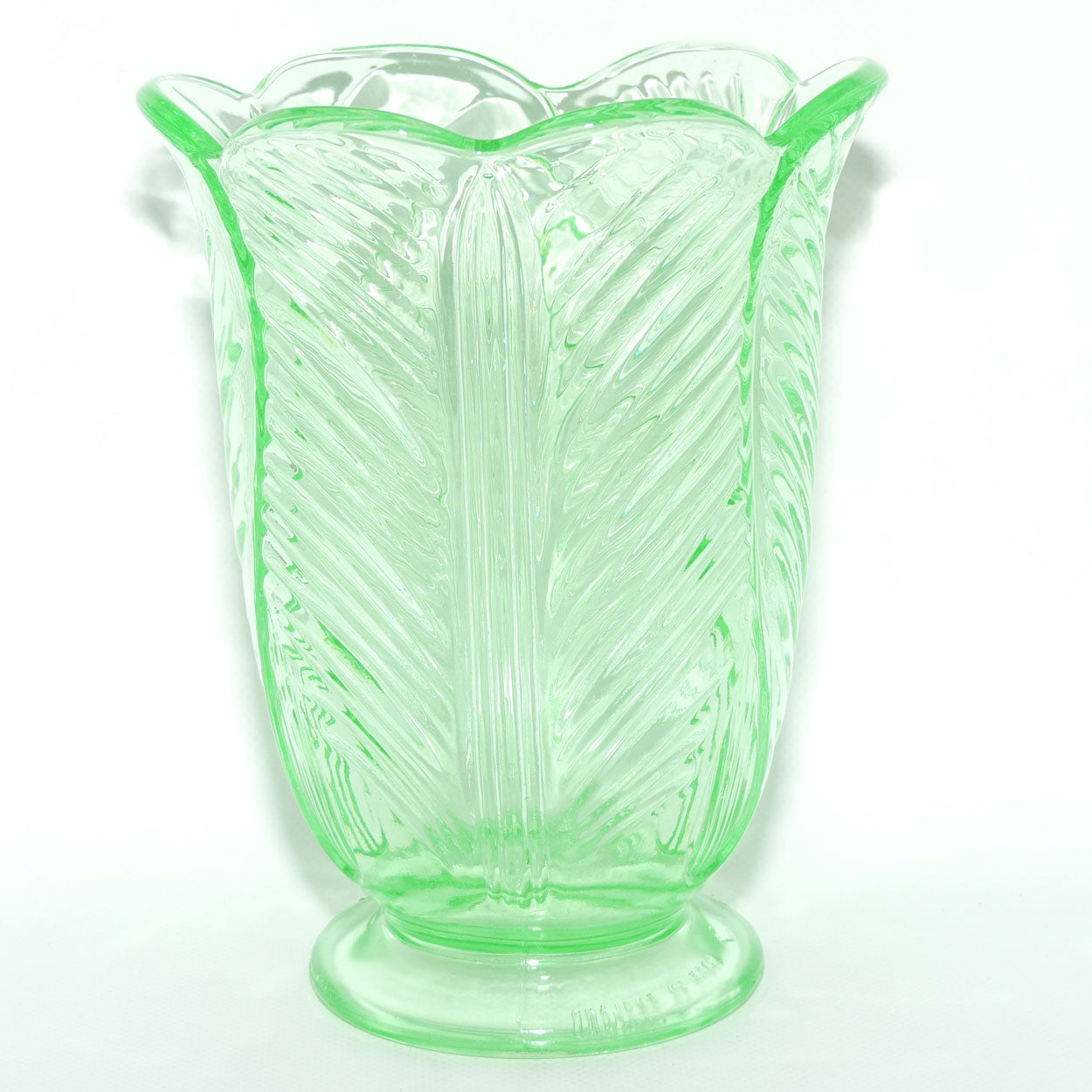 Bagley Glass UK Uranium Glass Tulip motif vase | 20cm tall