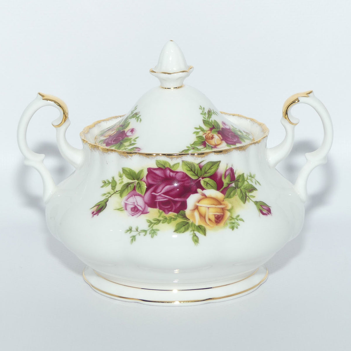 Royal Albert Bone China England Old Country Roses twin handled and lidded Sugar Bowl | © 1962 Royal Albert Ltd backstamp