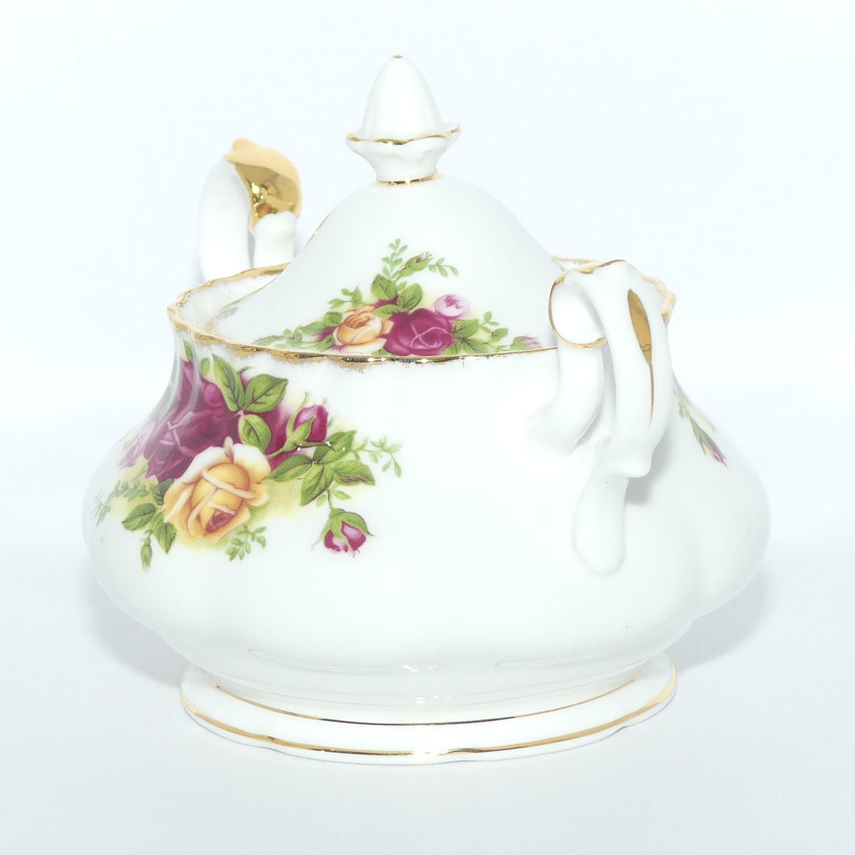 Royal Albert Bone China England Old Country Roses twin handled and lidded Sugar Bowl | © 1962 Royal Albert Ltd backstamp