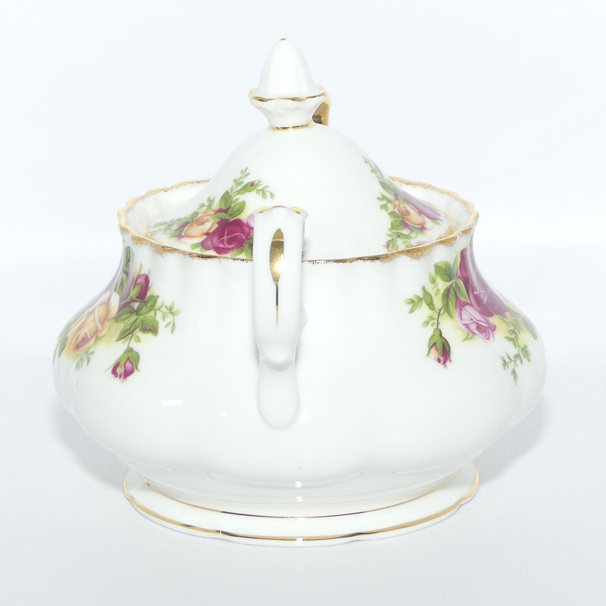 Royal Albert Bone China England Old Country Roses twin handled and lidded Sugar Bowl | © 1962 Royal Albert Ltd backstamp