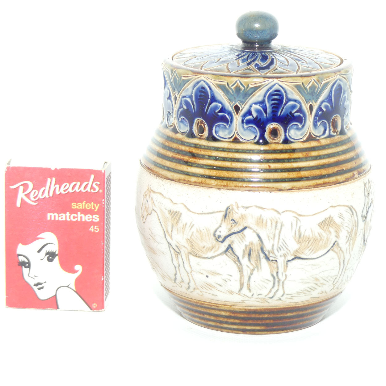 Doulton Lambeth Hannah Barlow lidded pot | Horses c.1887