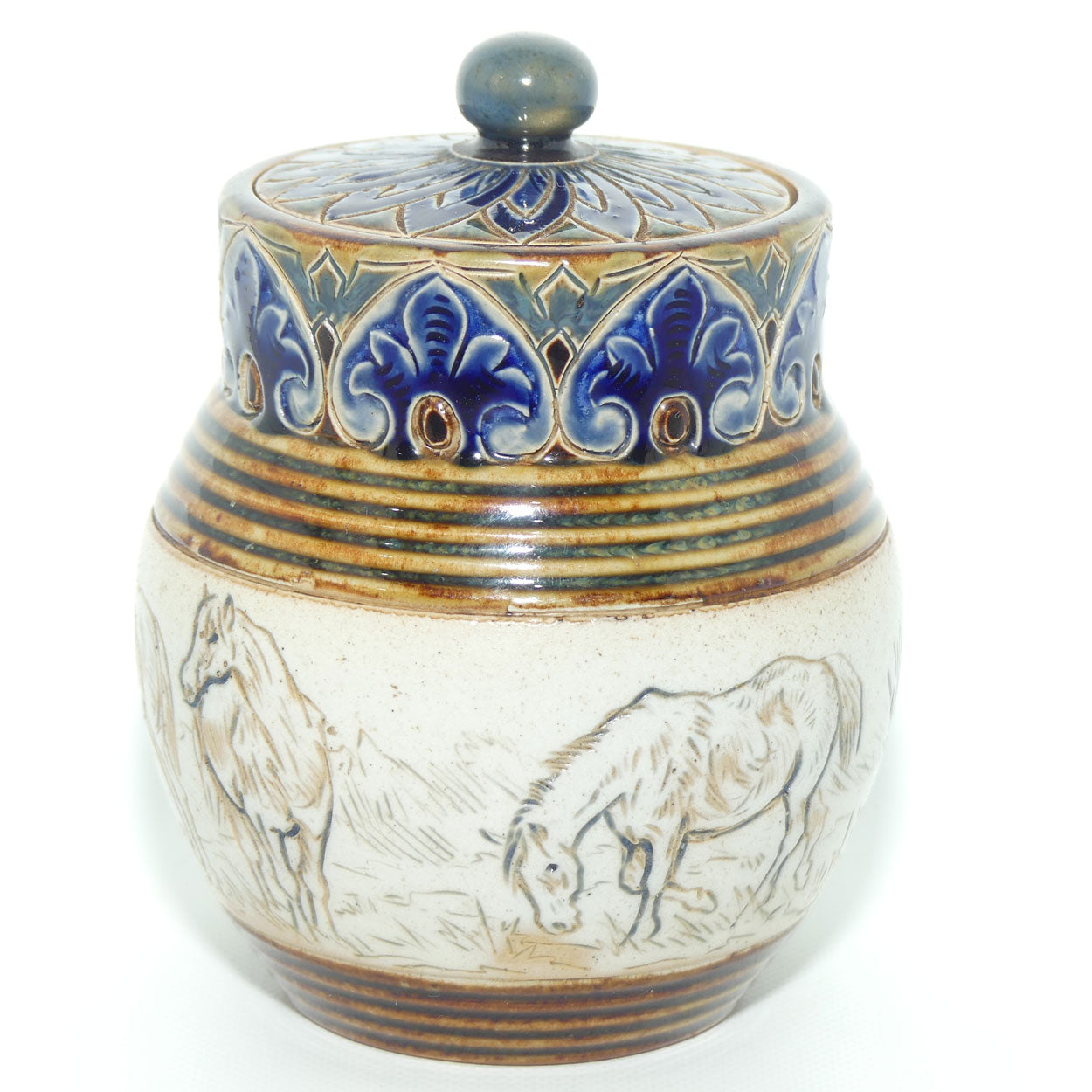 Doulton Lambeth Hannah Barlow lidded pot | Horses c.1887