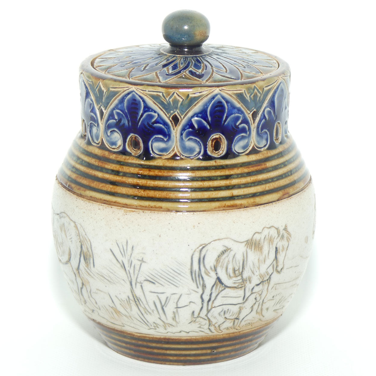 Doulton Lambeth Hannah Barlow lidded pot | Horses c.1887