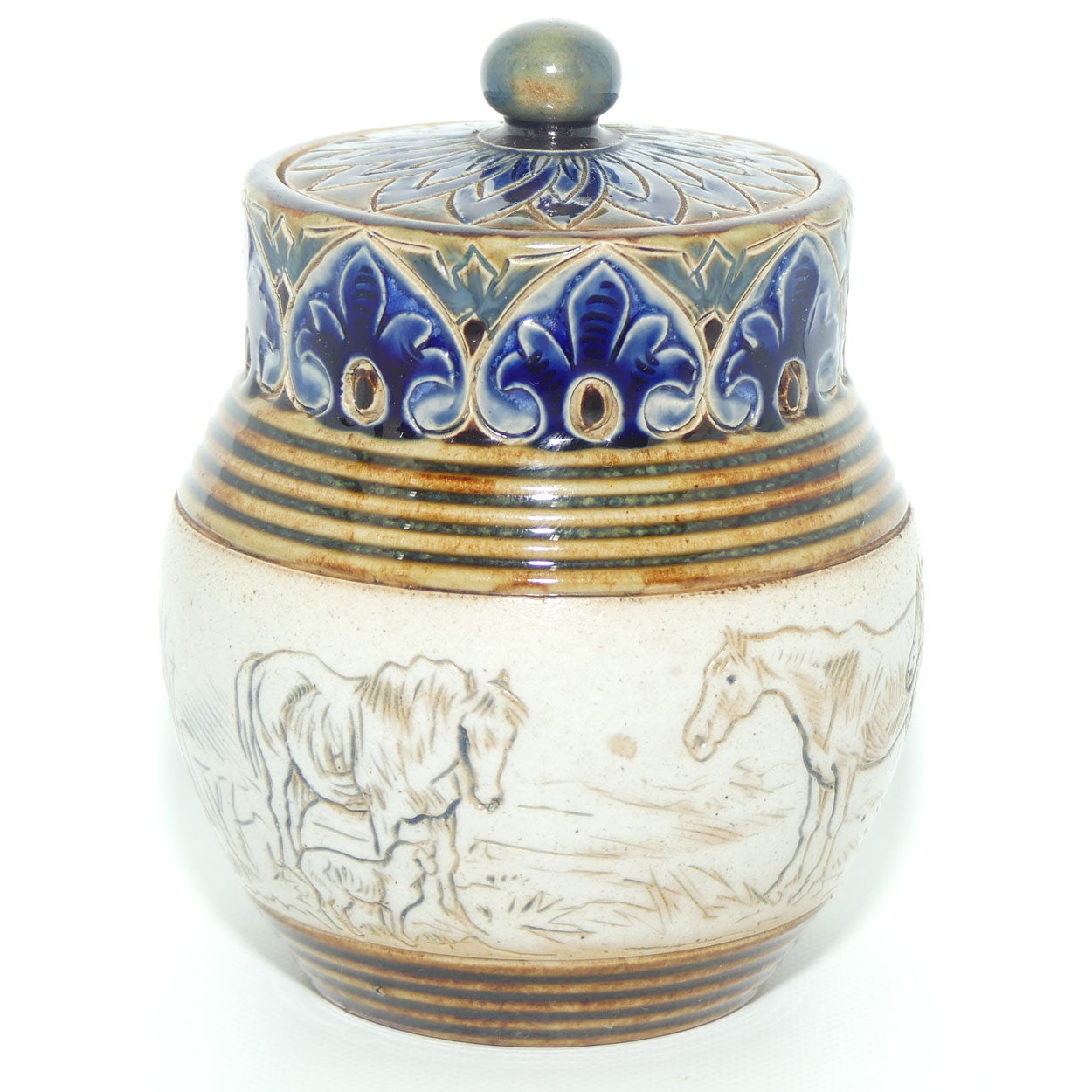 Doulton Lambeth Hannah Barlow lidded pot | Horses c.1887
