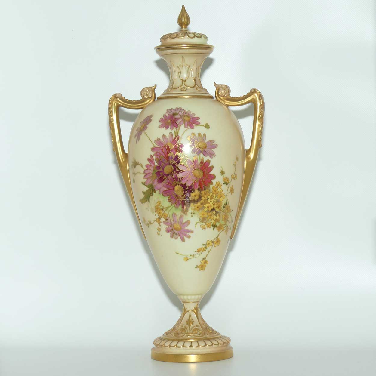 Royal Worcester Blush Ivory hand painted floral lidded and handled urn