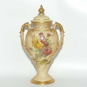 Royal Worcester Blush Ivory hand painted floral lidded and handled urn with reticulated neck
