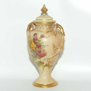 Royal Worcester Blush Ivory hand painted floral lidded and handled urn with reticulated neck
