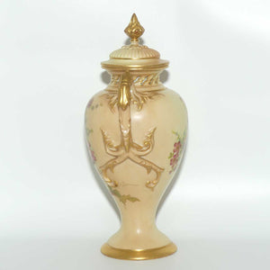 Royal Worcester Blush Ivory hand painted floral lidded and handled urn with reticulated neck
