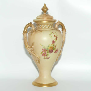 Royal Worcester Blush Ivory hand painted floral lidded and handled urn with reticulated neck
