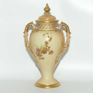 Royal Worcester Blush Ivory hand painted floral lidded and handled urn with reticulated neck
