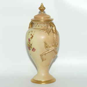 Royal Worcester Blush Ivory hand painted floral lidded and handled urn with reticulated neck
