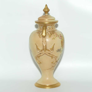 Royal Worcester Blush Ivory hand painted floral lidded and handled urn with reticulated neck
