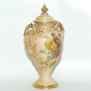 Royal Worcester Blush Ivory hand painted floral lidded and handled urn with reticulated neck
