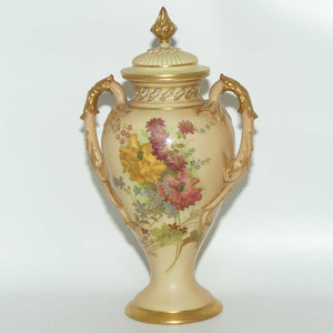 Royal Worcester Blush Ivory hand painted floral lidded and handled urn with reticulated neck
