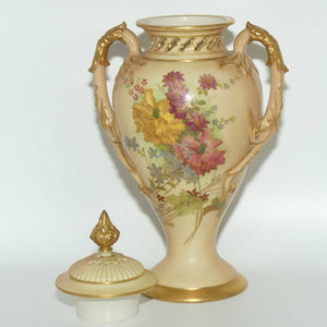 Royal Worcester Blush Ivory hand painted floral lidded and handled urn with reticulated neck
