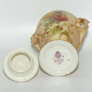 Royal Worcester Blush Ivory hand painted floral lidded and handled urn with reticulated neck
