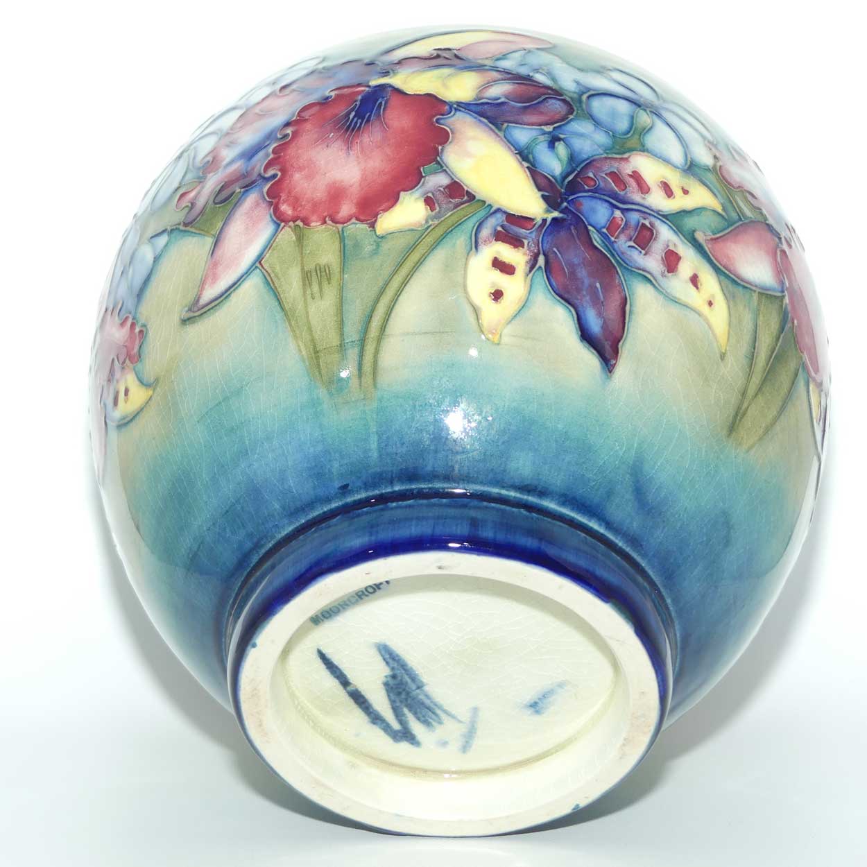 Walter Moorcroft Orchid on Light Green transition to Blue Ground Fern Pot