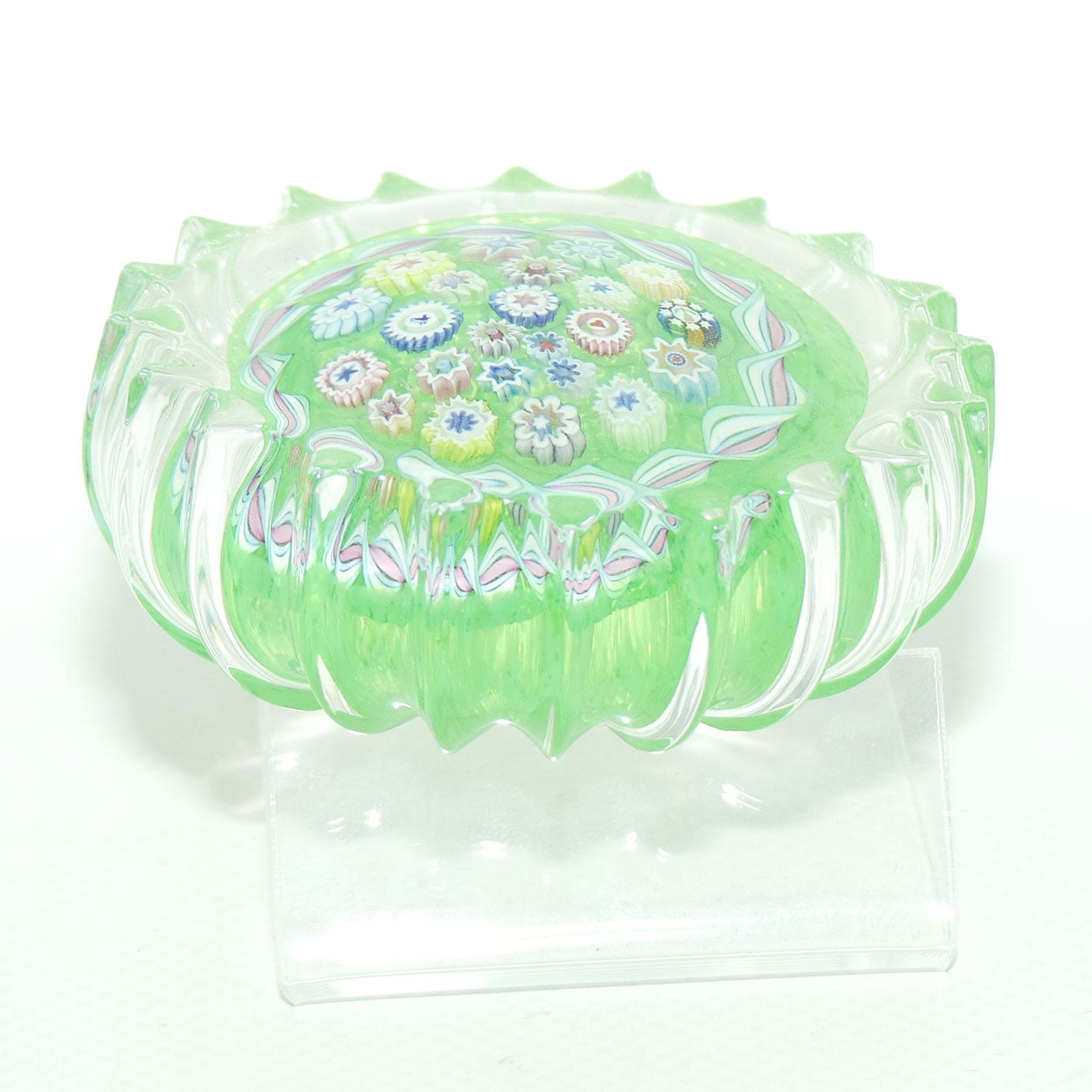 John Deacons Scotland Millefiori Closepack and Torsade Ribbed paperweight | Lime