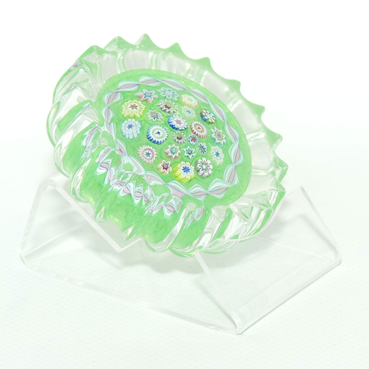 John Deacons Scotland Millefiori Closepack and Torsade Ribbed paperweight | Lime