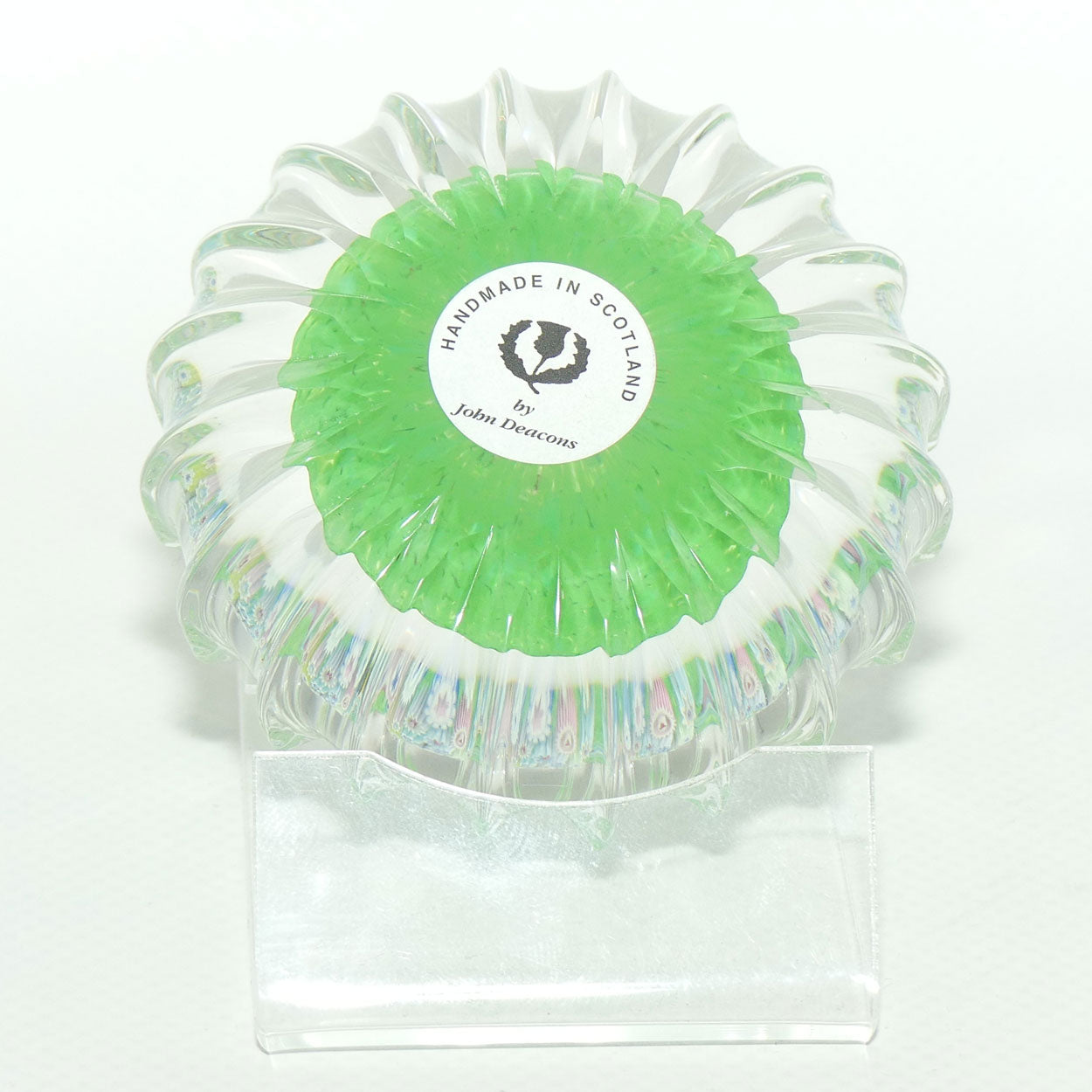 John Deacons Scotland Millefiori Closepack and Torsade Ribbed paperweight | Lime
