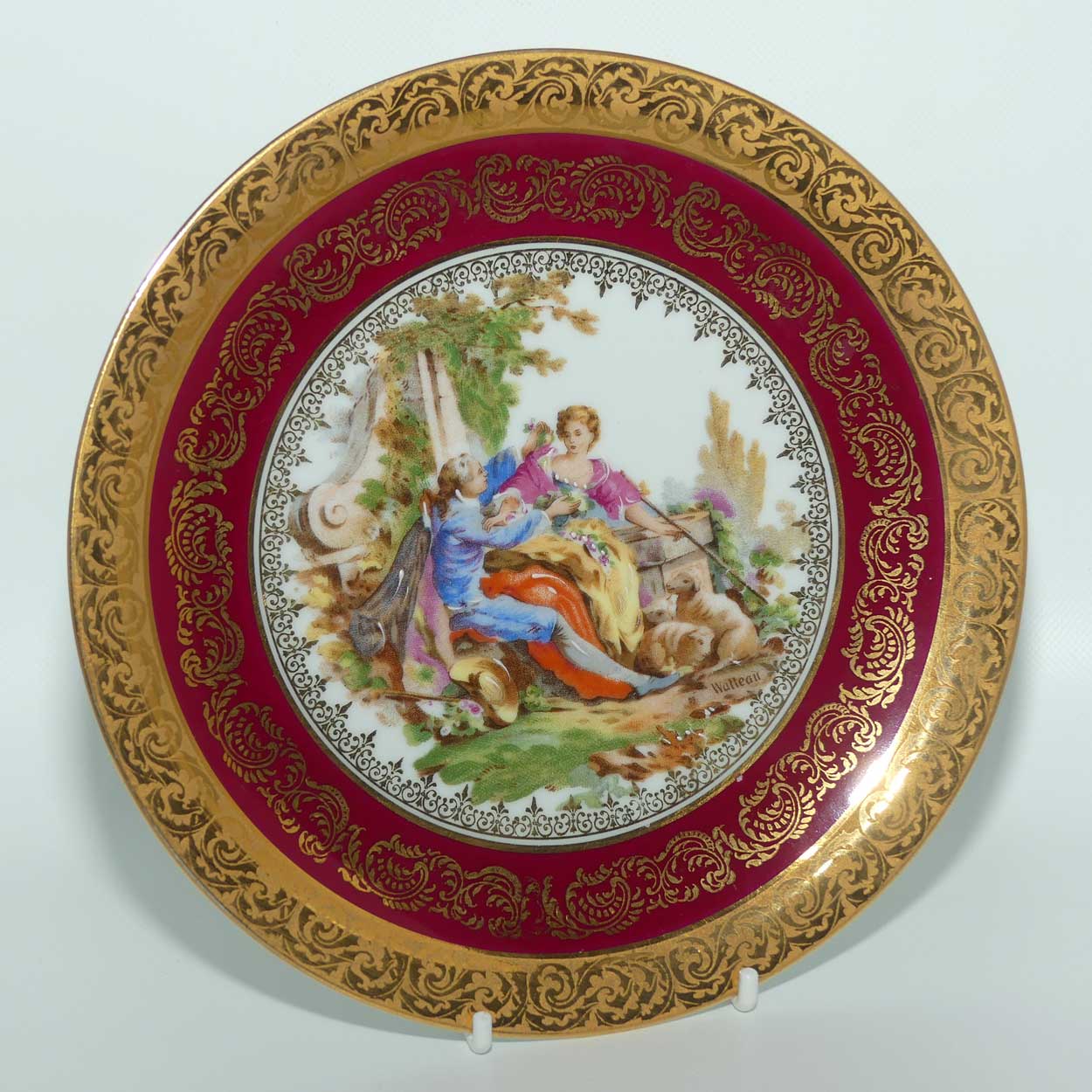 Limoges France Courting Couple plate | Rouge and Gilt Border | 18.5cm | signed Watteau
