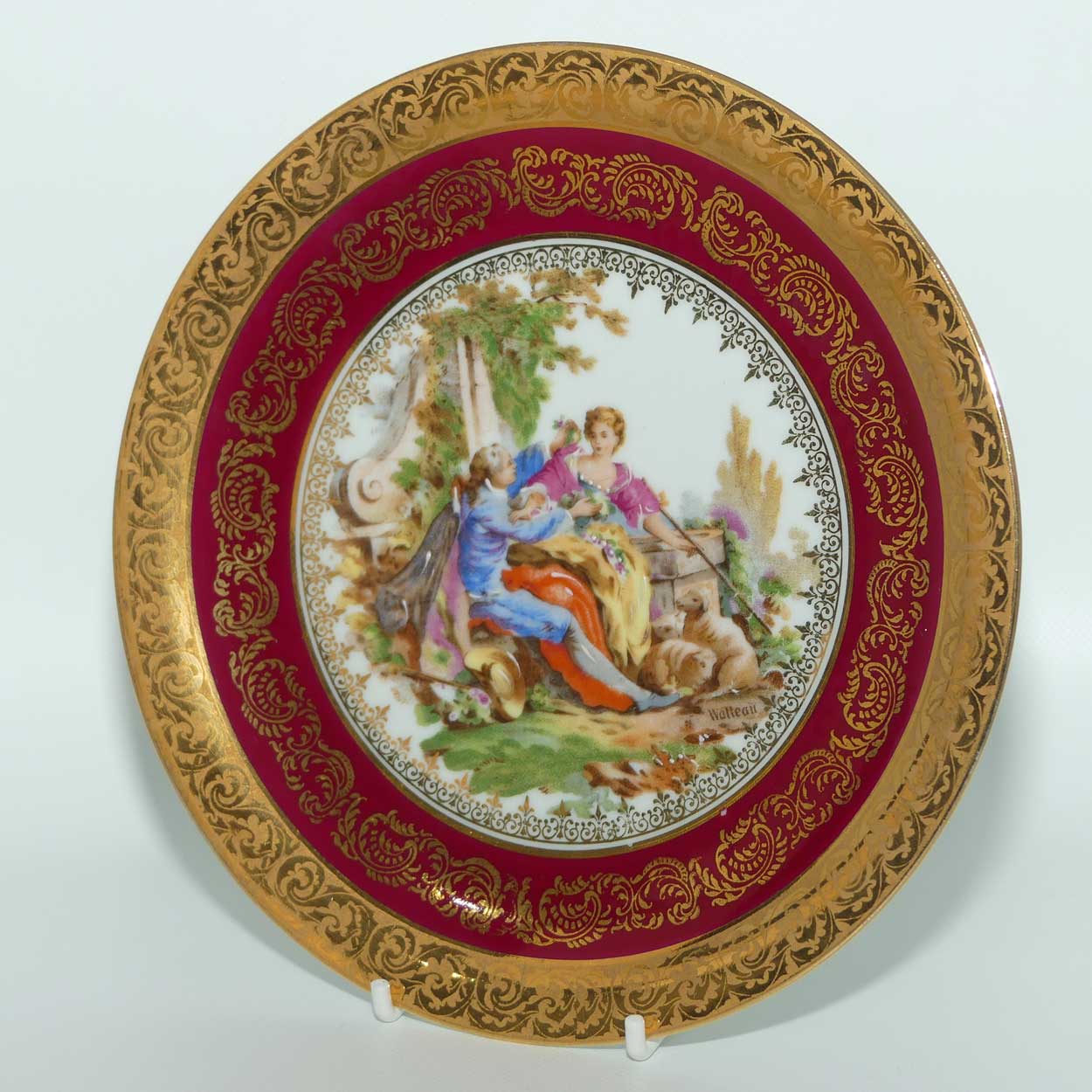 Limoges France Courting Couple plate | Rouge and Gilt Border | 18.5cm | signed Watteau