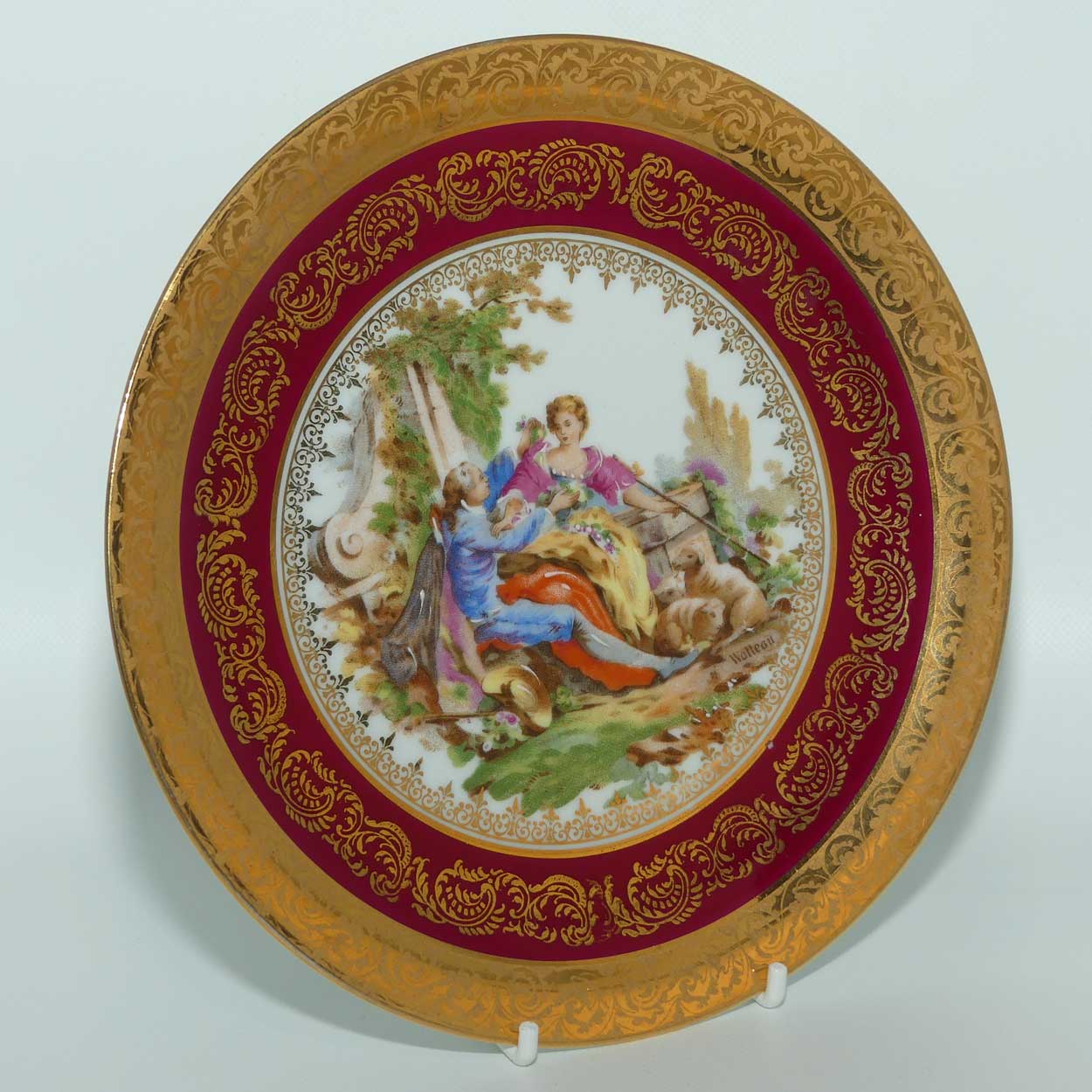 Limoges France Courting Couple plate | Rouge and Gilt Border | 18.5cm | signed Watteau