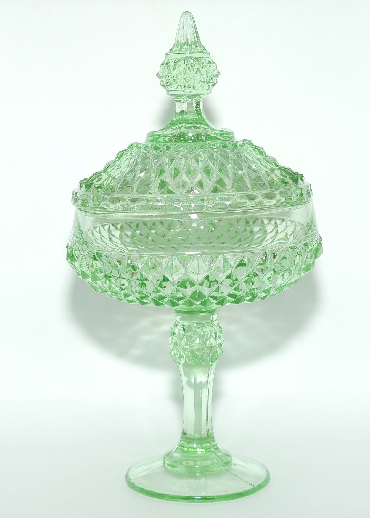 Vintage Indiana Glass Diamond Point lidded lolly jar | 30cm tall